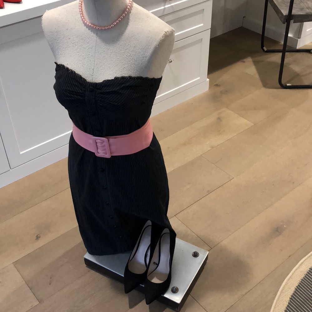 Black Pin Striped 3/4 Length Strapless Dress - image 3